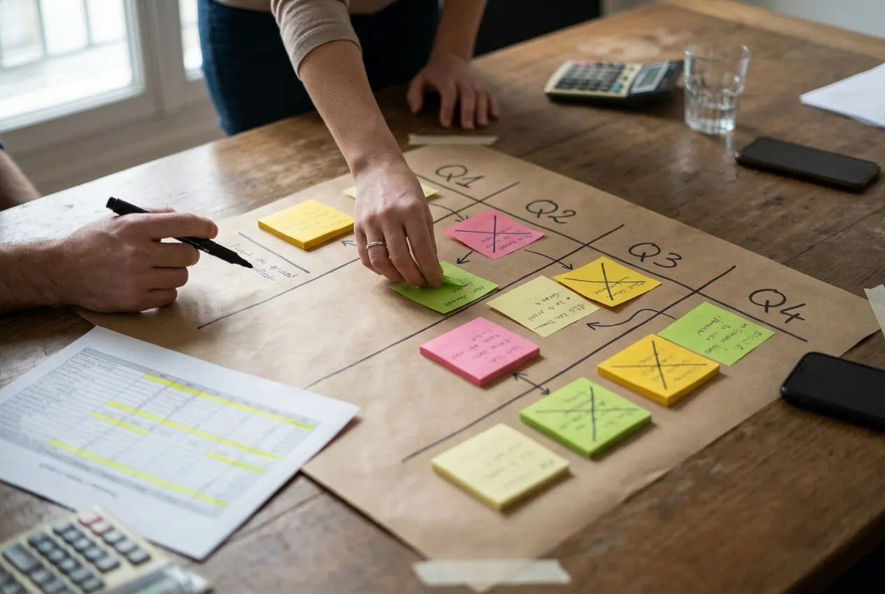 Feuille de route IA sur douze mois dessinée à la main sur du papier kraft, avec des post-it colorés par trimestre, pendant un atelier de planification en PME