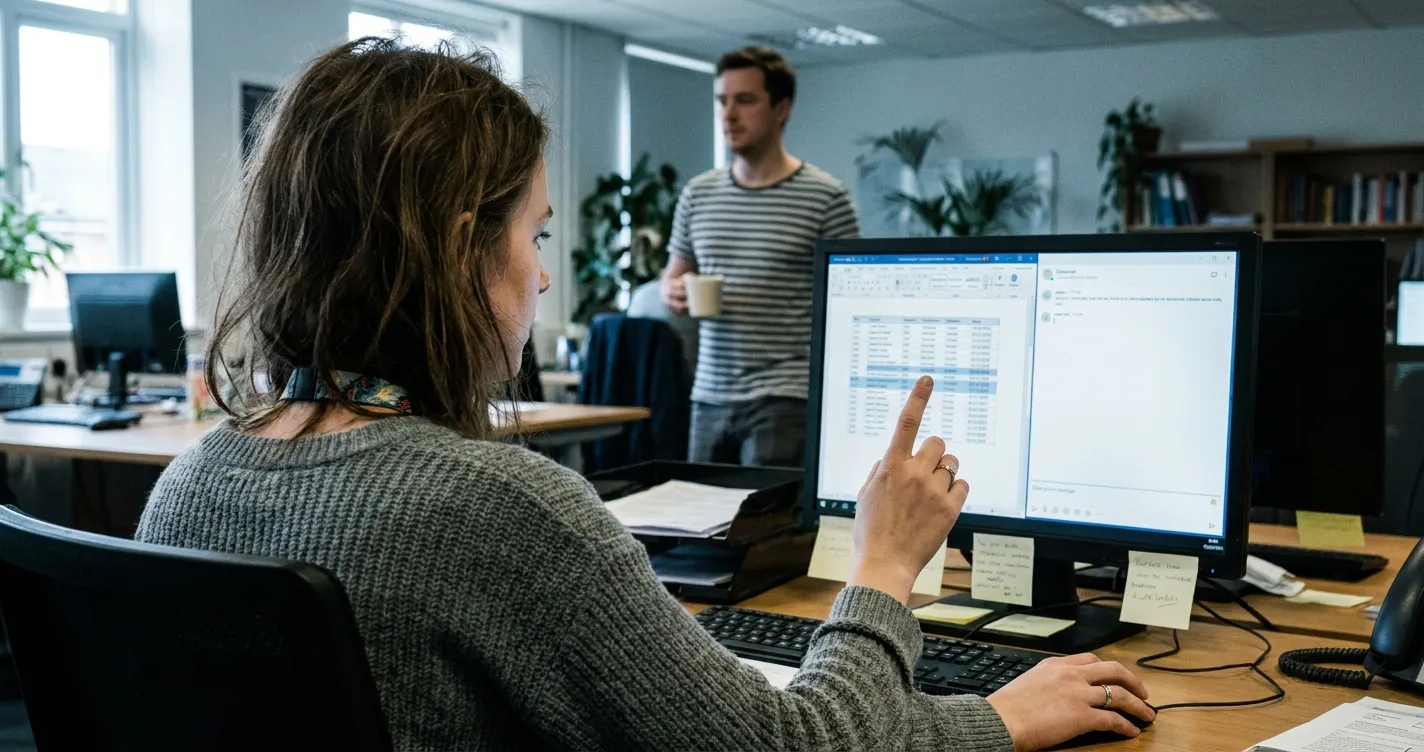 Salariée sélectionnant les données d'un tableau clients pour les copier dans une interface de chat IA, dans un open space français