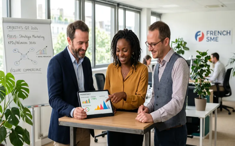 Équipe de professionnels français analysant des indicateurs ROI IA sur une tablette dans un bureau moderne — Nerolia Formation