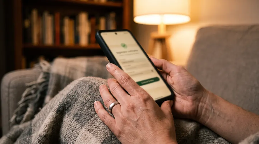 Gros plan sur des mains validant une inscription CPF sur smartphone un dimanche soir, ambiance salon cosy