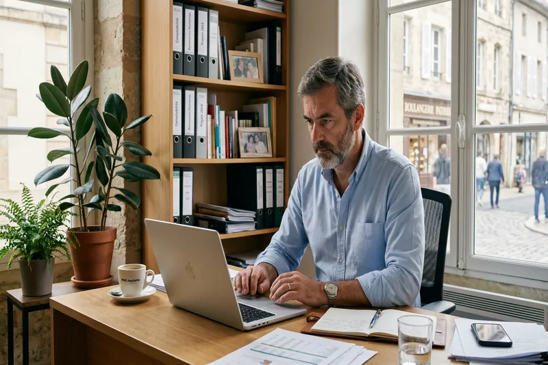 Dirigeant de PME française évaluant un outil IA sur son ordinateur portable dans son bureau