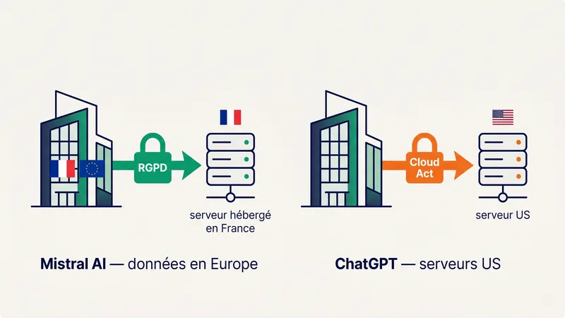 Schéma comparant la souveraineté des données Mistral AI (hébergement France/UE, RGPD) vs ChatGPT (serveurs US, Cloud Act)